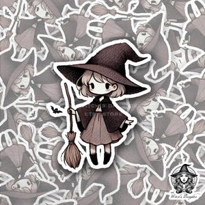 Kleine Hexe und Fledermaus Sticker | Vintage Sepia Halloween Kunst | Kawaii Hexe mit Besen | Magisches Mädchen Chibi Aufkleber | Gruselig niedliches Zimmer Dekor
