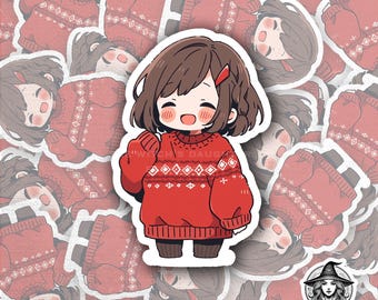 Pegatina de chica anime otoñal kawaii / Suéter otoñal acogedor / Personaje chibi / Vinilo para portátiles y diarios