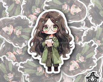 Pegatina de chica chibi, calcomanía de bibliotecaria de anime, atuendo verde