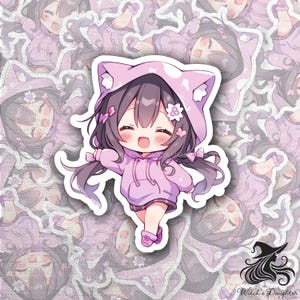 Kawaii Chibi Cat Girl Sticker | Cute Anime Vinyl Decal in Purple Hoodie | Waterproof Sticker for Laptops, Journals, and Water Bottles