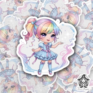 Kawaii Rainbow Hair Girl Sticker | Pastel Lolita Dress Chibi | Fairy Kei Anime Character | Sweet Japanese Style | Magical Princess | Bujo