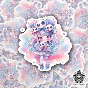 かわいいパステルゴスアニメガールステッカー | かわいいスカルクラウンプリンセス | ソフトグランジ原宿アート | 不気味でかわいいコレクター向けデカール 3インチデカール