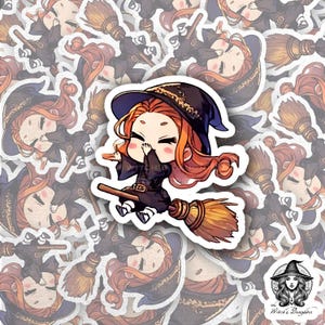 Bonita pegatina de bruja voladora Chibi: adorable bruja con escoba y pose juguetona. Vinilo de 3" para portátiles y diarios.