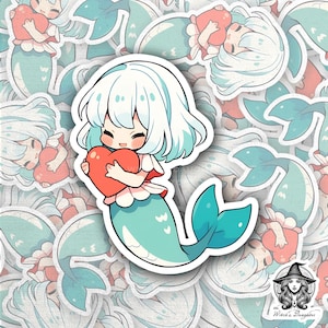 Herz Meerjungfrau Sticker | Kawaii Mintgrün Haare Anime Girl | Valentine Ocean Princess Fantasy Kunst | Romantisches niedliches Meer | Bujo, Wasserflaschen