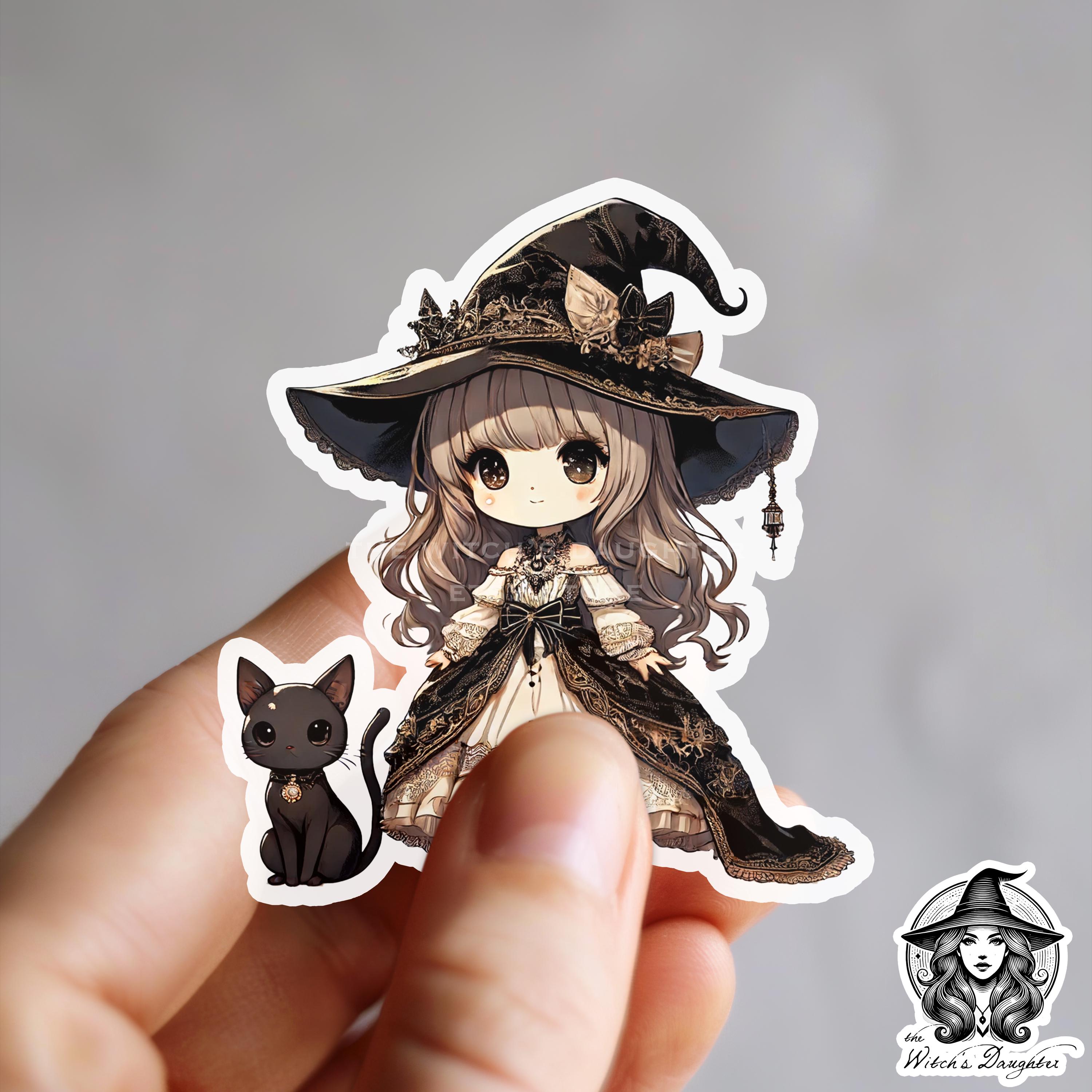 Chibi Witch & Black Cat Sticker - Gothic Witch Girl in Elegant Lace and ...