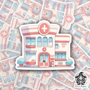 Kawaii sticker ziekenhuisgebouw | Leuke medische kliniek esthetische kunst | Roze blauw zorginstelling digitale sticker planner dagboek | Bujo