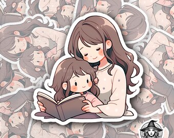 Pegatina de lectura conjunta / Mamá e hija leyendo un libro chibi / Vinilo familiar kawaii