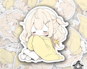 Pegatina Kawaii Chibi Girl – Anime rubia, suéter amarillo, vinilo impermeable