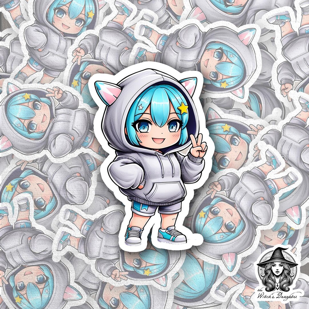 Kawaii Cat Hoodie Girl Sticker | Cute Blue Hair Chibi | Neko Streetwear ...