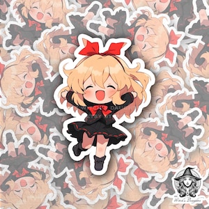 Blonde Anime Girl Aufkleber | Kawaii Schuluniform | Netter Japanischer Studenten | rote Schleife schwarzes Kleid | Glücklich tanzender Chibi-Charakter | Aufkleber