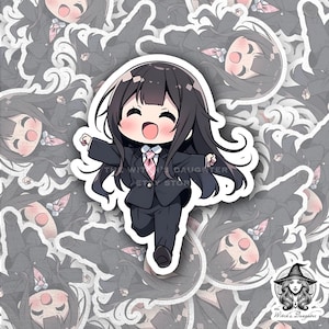 Adesivo de garota de anime pulando feliz | Trabalhadora de escritório kawaii | Profissional de negócios fofa | Sucesso de cabelo preto | Arte japonesa de mangá chibi, Bujo