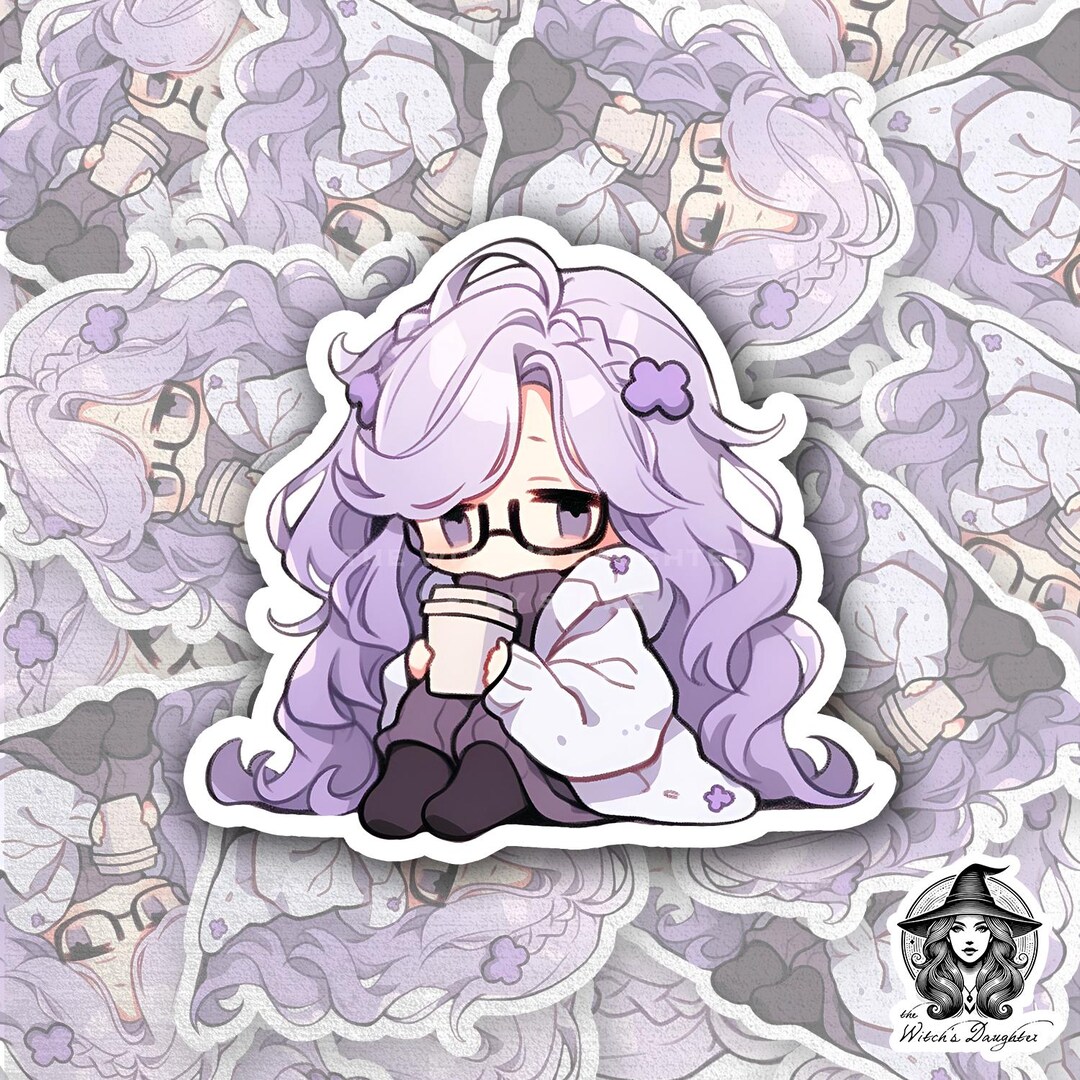 Kawaii Anime Girl Sticker – Purple Hair, Coffee Cup, Waterproof Vinyl ...