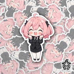 Adesivo de menina anime kawaii | Profissional de negócios fofo | Estilo mangá japonês | Sinal de paz de terno preto | Trabalhador de escritório feliz Arte chibi