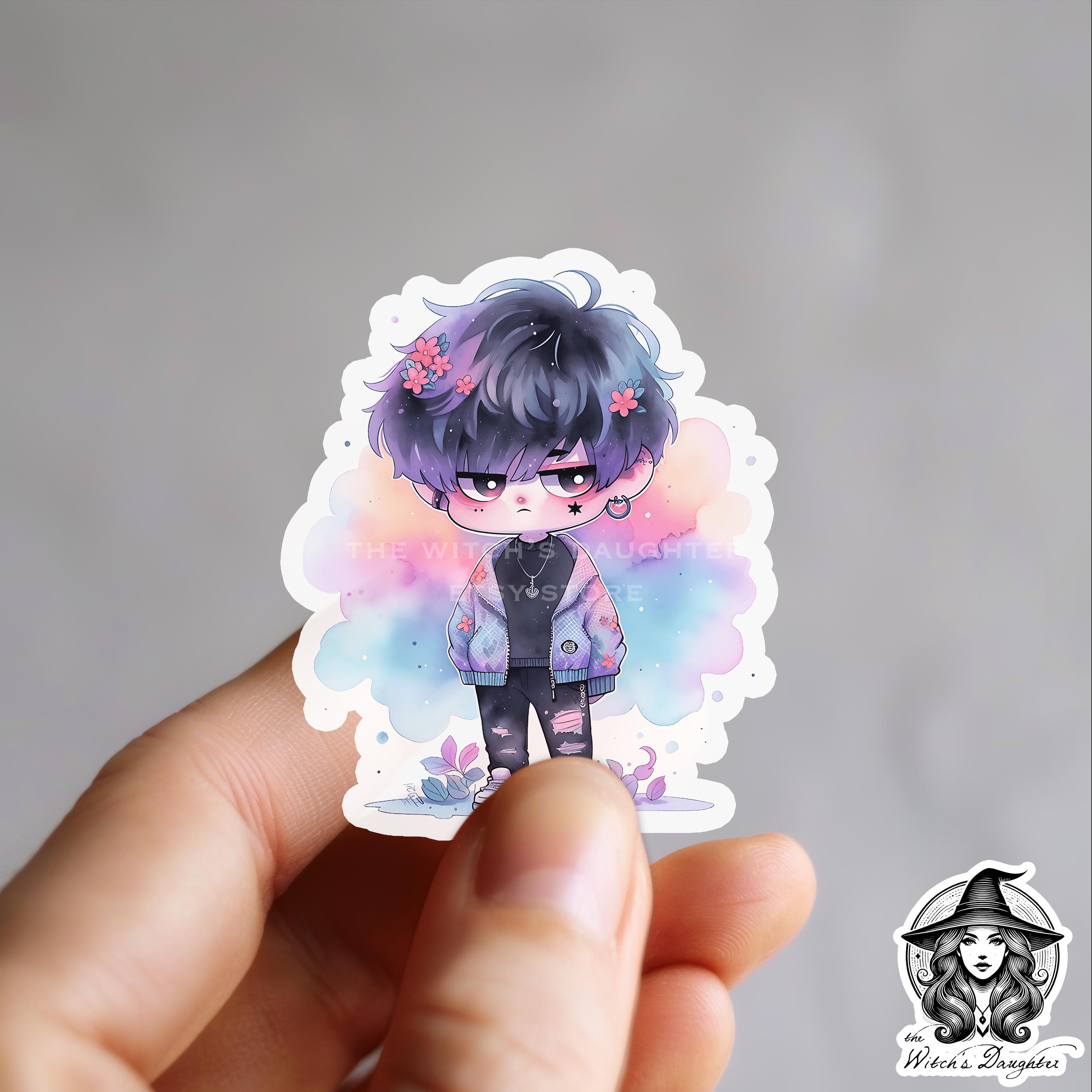Grumpy Chibi Boy Sticker | Galaxy Hair, Pastel Goth Streetwear - Etsy
