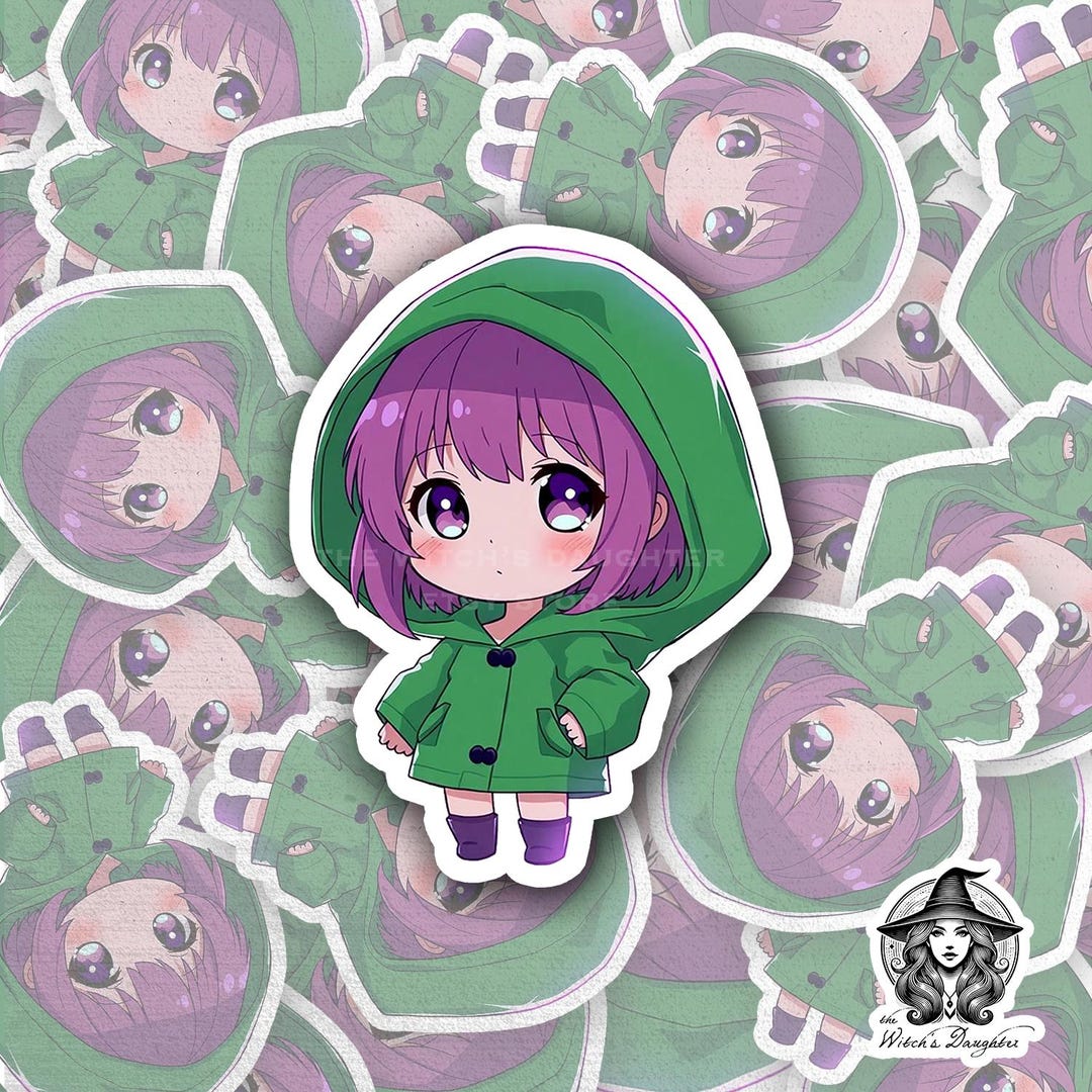 Chibi Girl Purple Hair Sticker | Kawaii Green Raincoat Anime | Cute Shy ...