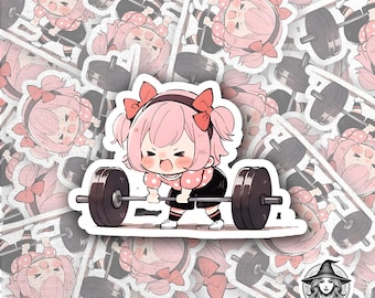 Kawaii Gym Girl-klistermärke | Rosa hår Chibi Tyngdlyftning | Anime Fitness-klistermärke