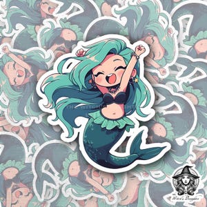 Alt Meerjungfrau Sticker | Punk Rock Meer Schönheit | Gothic Ozean Mädchen | Minzgrüne Haare | Schwarzes Bikinioberteil | Stern Ohrringe | Niedliches Anime Geschenk