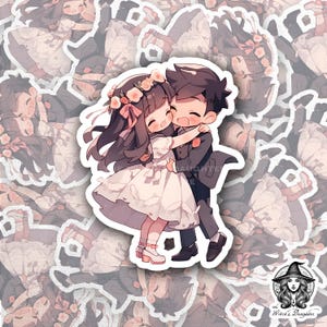 May include: A sticker featuring a cartoon couple embracing. The woman wears a white dress and a floral crown, while the man is in a dark suit. The sticker has a white border and is surrounded by other stickers with similar designs. The Witch's Daughter logo is in the bottom right corner.