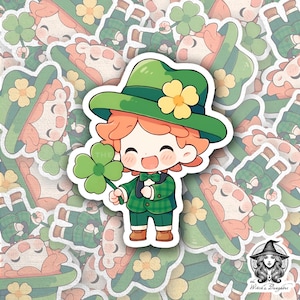Sticker lutin kawaii avec trèfle | Costume à carreaux de la Saint-Patrick | Porte-bonheur irlandais mignon | Décoration trèfle vert | Art du journal de mars