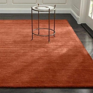 Handmade Solid Burnt Orange Area Rug – Minimalist Modern Living Room Carpet – Soft Wool Blend Floor Decor
