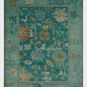 Handmade Green Wool Oushak Rug: Vintage Turkish Oriental Carpet