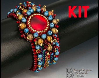 KIT- Over the Rainbow Cuff bracelet bead embroidery RED colorway