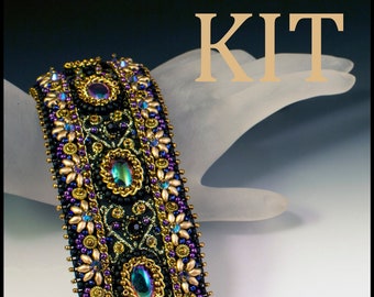 KIT- Anastasia Cuff Bracelet bead embroidery Black and gold colorway