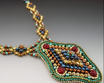 Madeline Beaded Necklace kit turquoise and brown colorway