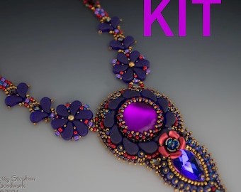 Flower bead embroidery necklace kit purple and red colorway