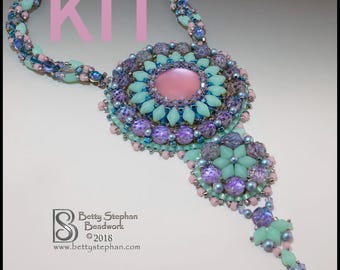 Tidepool bead embroidery necklace kit pink and green colorway