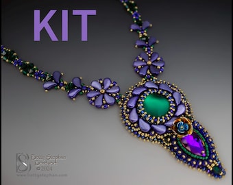 Flower bead embroidery necklace kit purple and green colorway