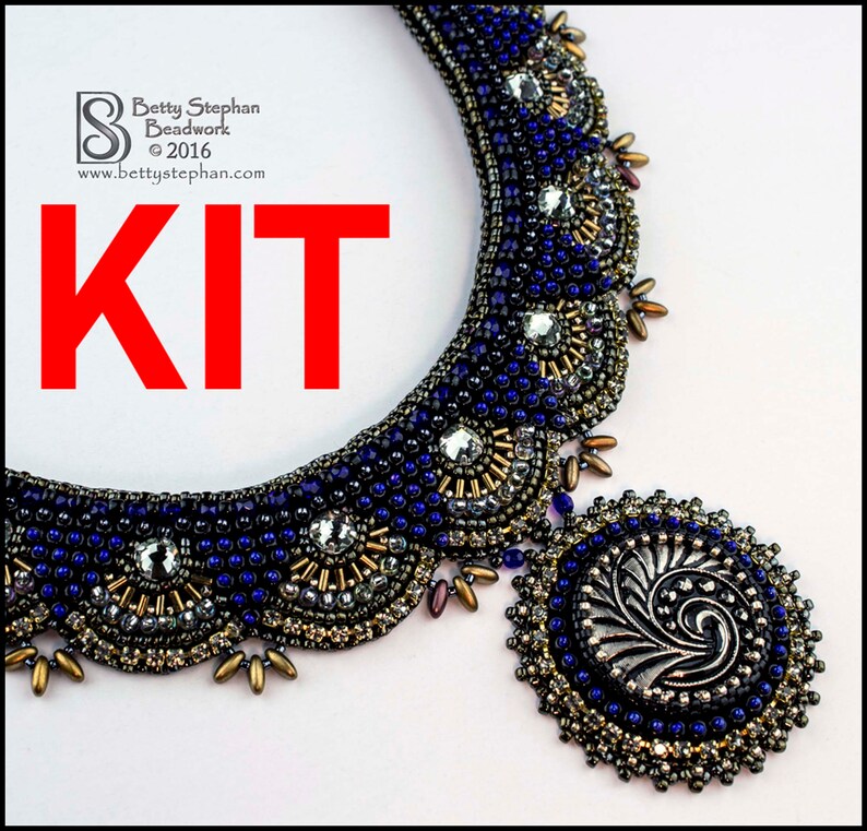 Friendship Blooms collar necklace bead embroidery kit blue and black image 2