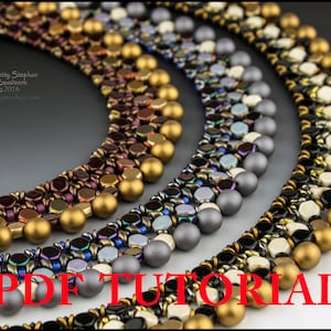 May include: A close-up of a multi-strand beaded necklace with gold, silver, black, and white beads. The necklace is made with a variety of bead shapes and sizes. The image includes the text "PDF TUTORIAL".