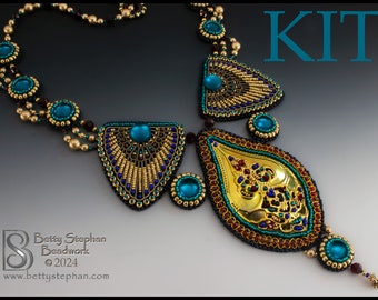 KIT- Golden Empress Necklace- teal bead embroidery