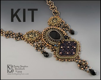 Victoria bead embroidery necklace KIT black colorway