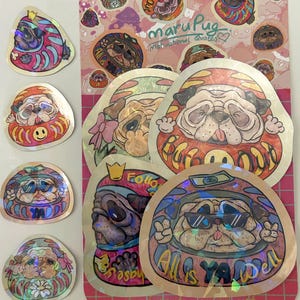 Zestaw naklejek motywacyjnych Maru Pug || Zestaw naklejek holograficznych błyszczących złamanych klejnotów || motywujące cytaty || Daruma pug