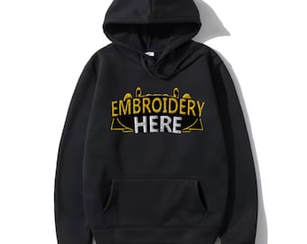 Custom Personalized Embroidered Hoodie, Front side, Side of Chest, Back side, Shoulder. Custom Embroidered Design, Logo, or Text.