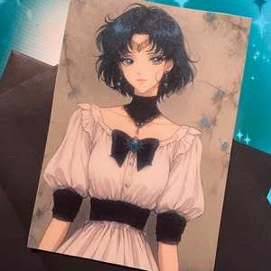 Sailor Mercury Print | Estetyczna pocztówka w stylu retro vintage | Uroczy A5 Sailor Moon Art | Niepowtarzalna dekoracja ścienna i pomysł na prezent