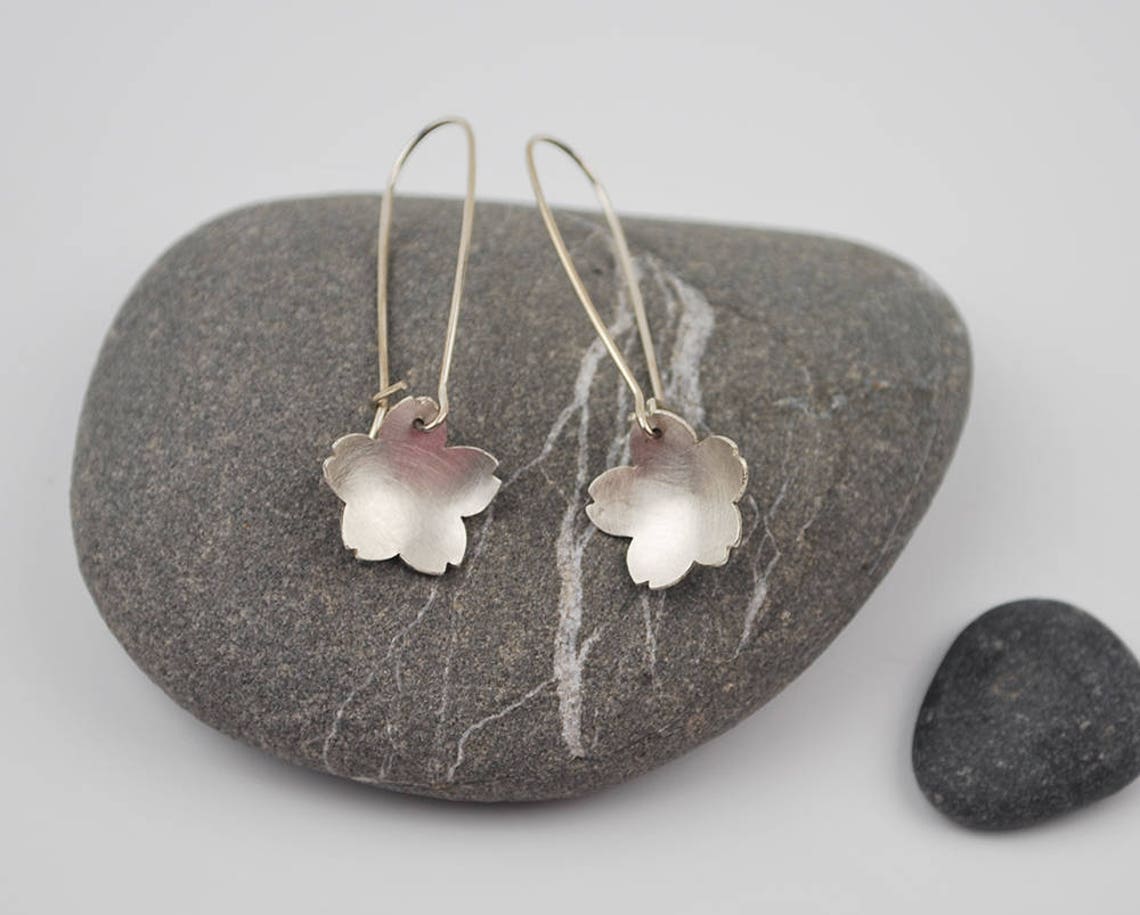 Silver Cherry Blossom Dangle Earringbrushed Recycled - Etsy New Zealand