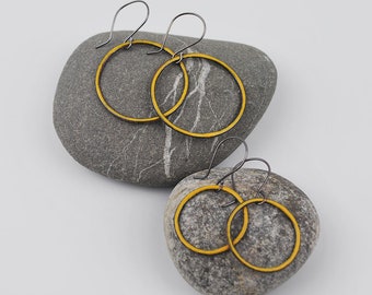 Enameled Hoops-- Goldenrod Enamel on Copper with blackened silver handmade hooks