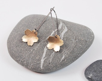 Golden Cherry Blossom Dangle Earring--Brushed Gold Filled Material on Oxidized Silver Kidney Earwires