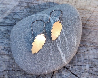 Small Fir Cone Dangle Earring Gold Filled Leaf on Oxidized Silver Hook