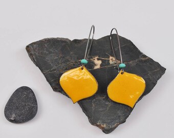 Onion Enameled Earring in Goldenrod with turquoise accent on blackened silver long kidney hooks