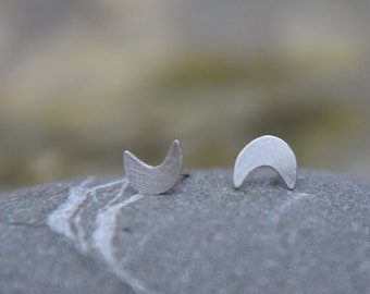 Tiny Moon Stud Earring in Brushed Silver