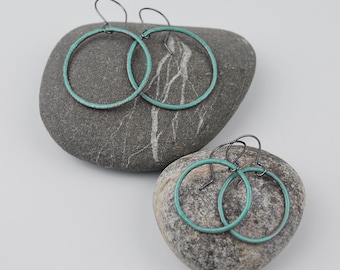 Enameled Hoops-- Seafoam Enamel on Copper with blackened silver handmade hooks