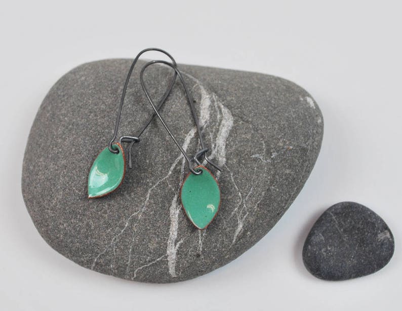 Teal Green Leaf Enameled Earring on Oxidized Silver Hook image 2