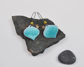 Onion Enameled Earring in Turquoise ombre with mustard accent on blackened silver long kidney hooks
