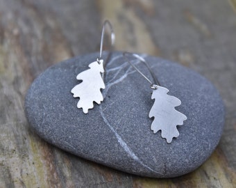 Silver Oak Leaf Dangle Earring--Brushed Recycled Sterling Silver on Silver Kidney Earwires