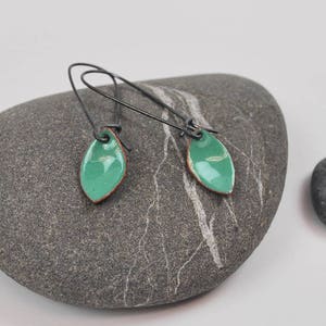 Teal Green Leaf Enameled Earring on Oxidized Silver Hook image 1