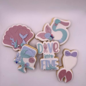 6 piece Dive into 5 mermaid birthday cookie set.